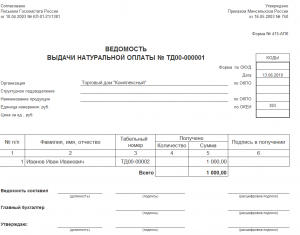 Ведомость выдачи материальных ценностей на нужды учреждения (Минфина РФ от 30.03.2015 N 52Н)