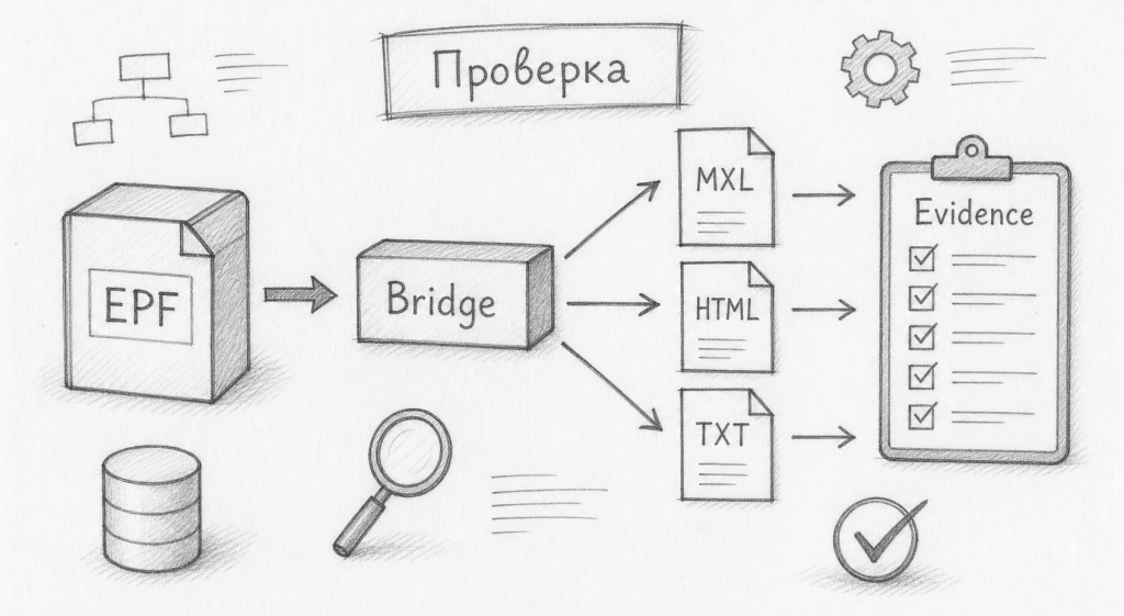 Карандашный набросок проверки EPF через Bridge с результатами MXL, HTML, TXT и evidence