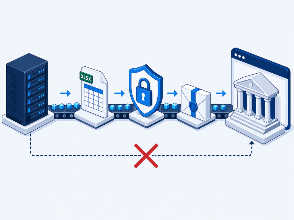 Схема взаимодействия с ФИС ФРДО: 1С формирует xlsx, подписывает и шифрует, загрузка идёт через портал; прямого API между учётной системой и реестром нет