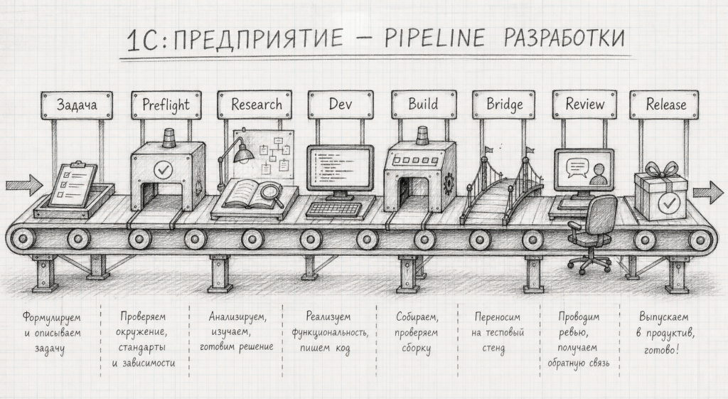 Карандашный набросок производственной линии разработки на 1С
