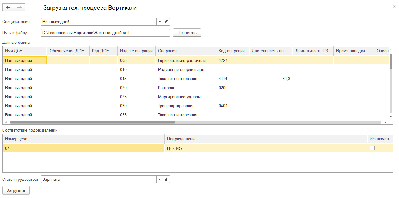 Загрузка в 1С:ERP производственного процесса из Вертикали