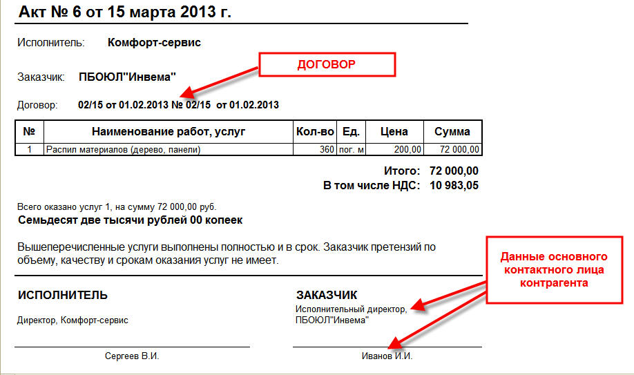 Акт об оказании услуг образец 1с