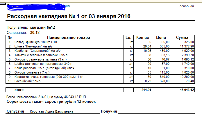 Отгрузочная ведомость образец