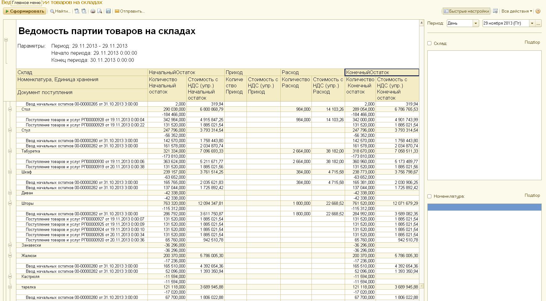 Ведомость по партиям товаров на складах для УТ11