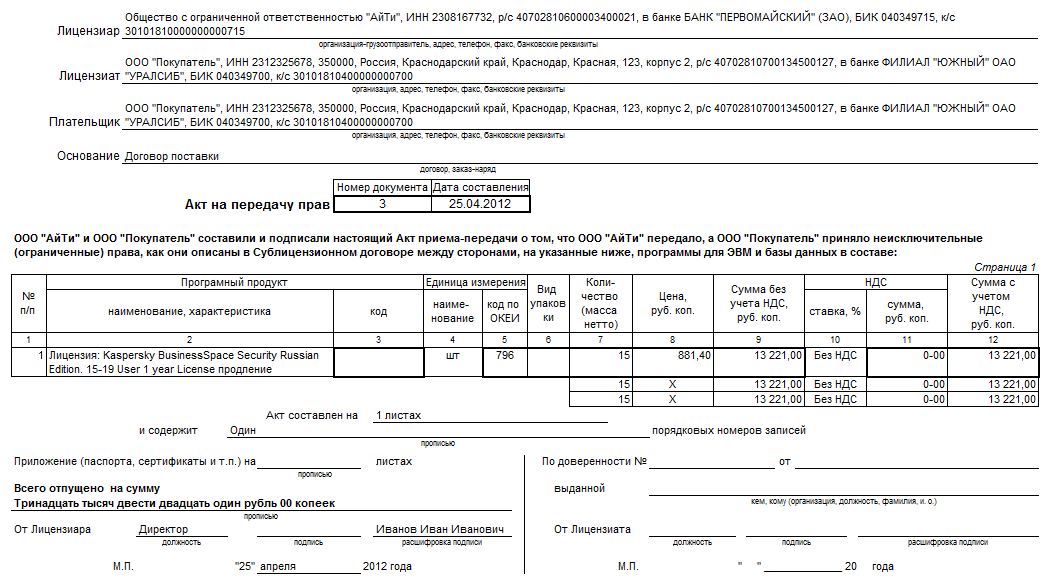 Акт приема передачи прав на программное обеспечение образец