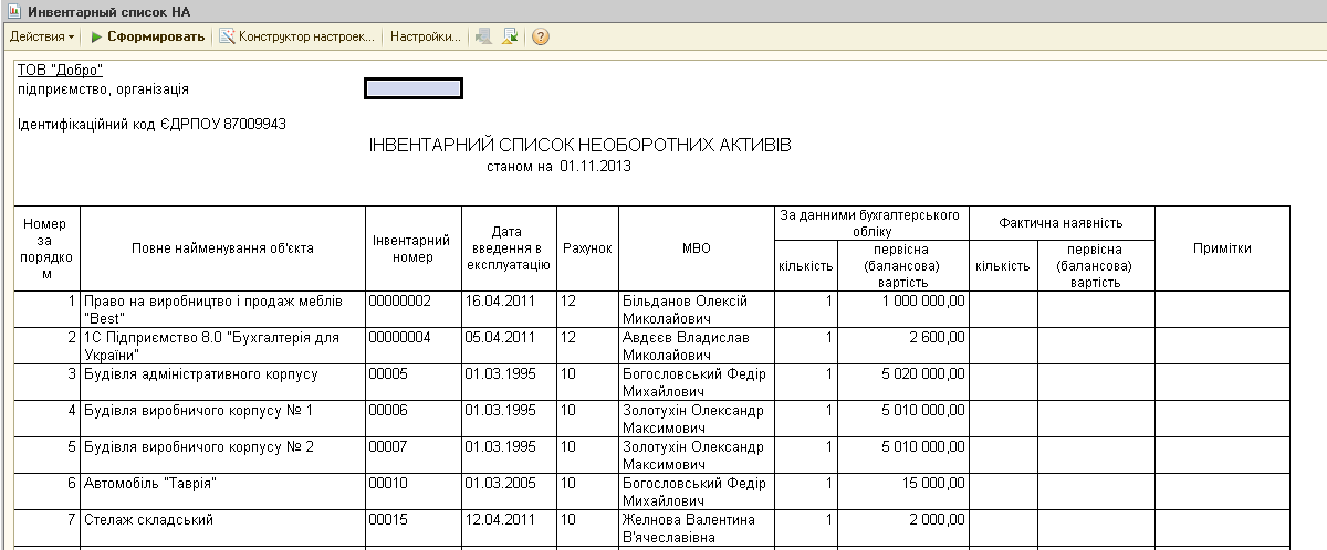 Инвентарный реестр. Инвентарный реестр