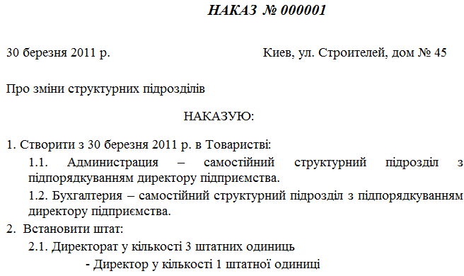 Приказ о внесении изменений в организационную структуру предприятия образец