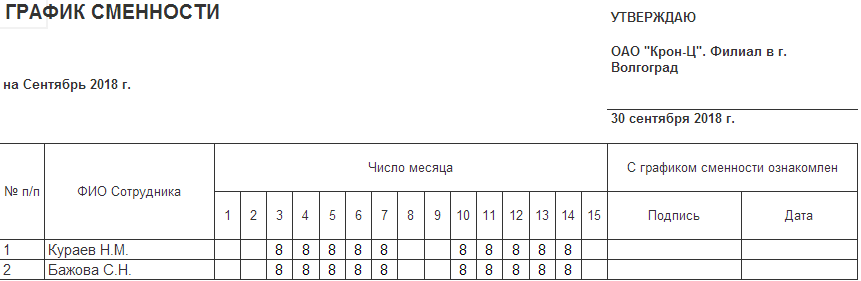 Бланк графика работы на месяц образец