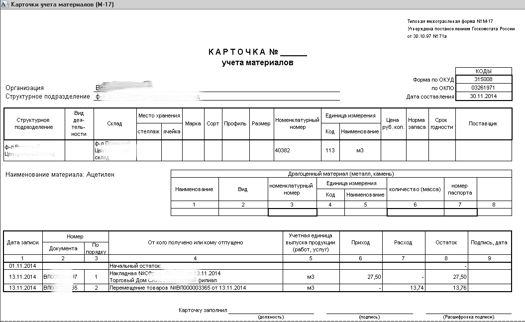 Карточка складского учета образец заполнения