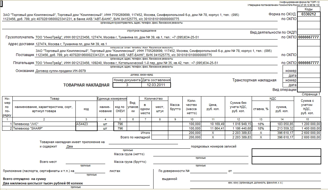Образец товарной накладной