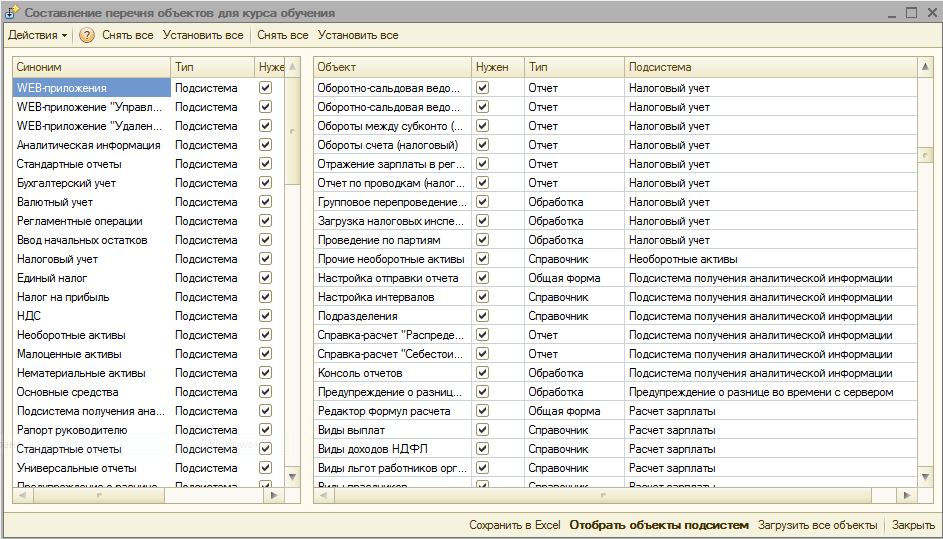 Аис списки. Конфигуратор в excel. Объект список 1с. Список всех подсистем. Выгрузка на объекте.