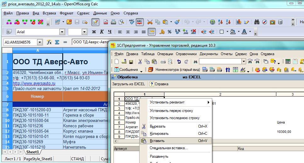 OPENOFFICE/org программасы. Установка цен номенклатуры загрузить из excel.