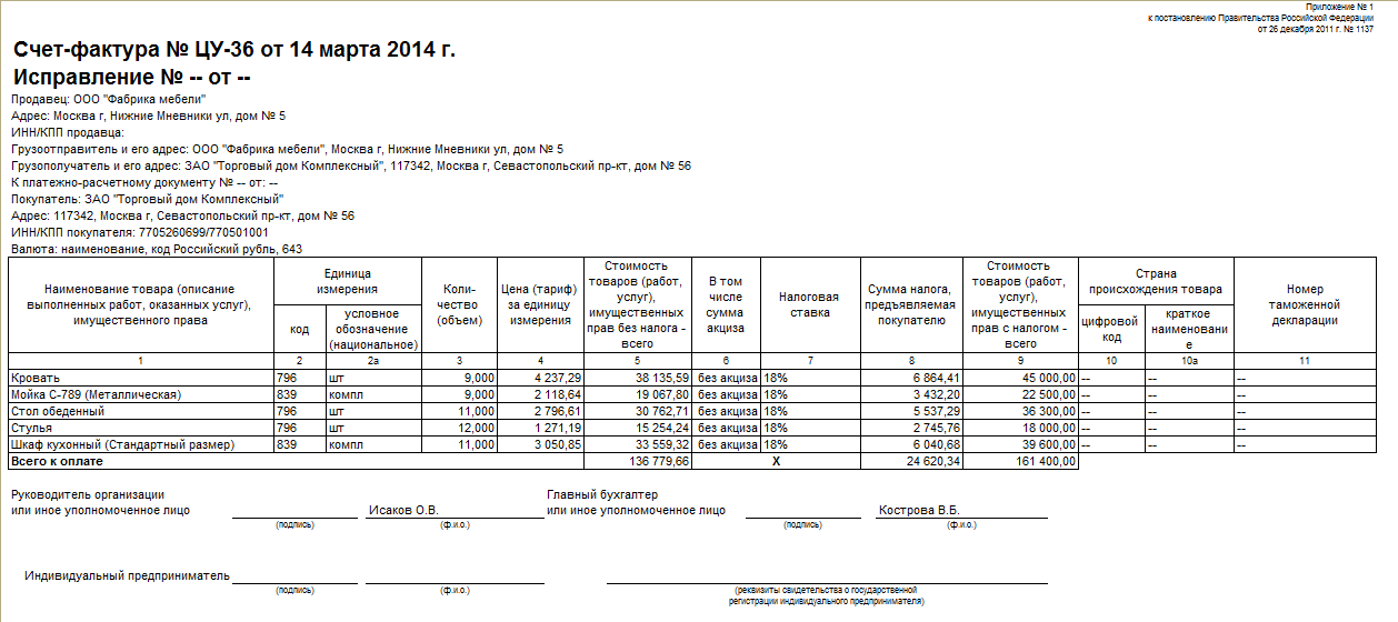 Сводная счет фактура образец