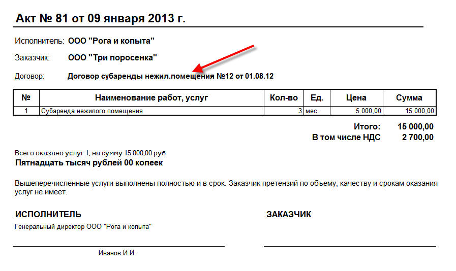 Образец акта выполненных работ по договору оказания услуг