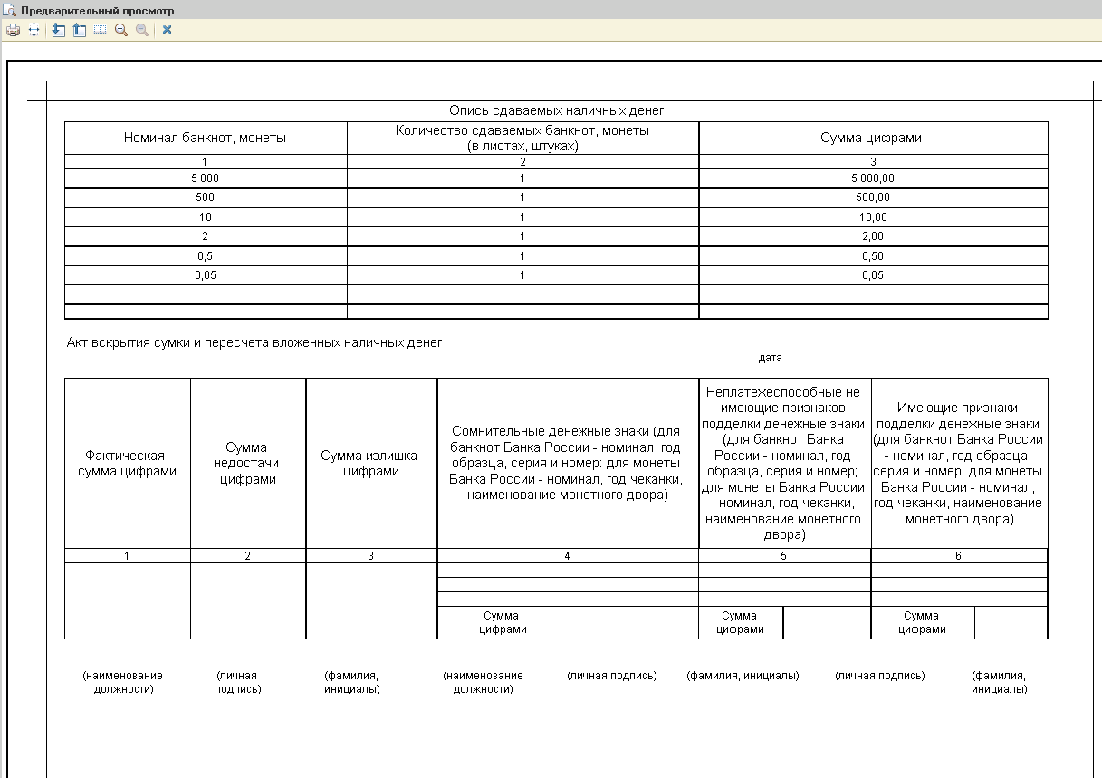 Акт вскрытия сумки и пересчета вложенных наличных денег образец заполнения