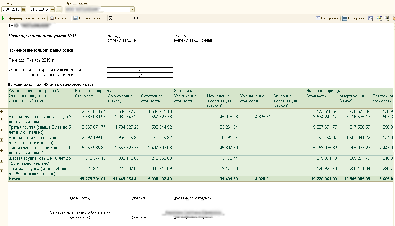 Регистр налогового учета № 13 Амортизация основных средств (для БП 2.0)